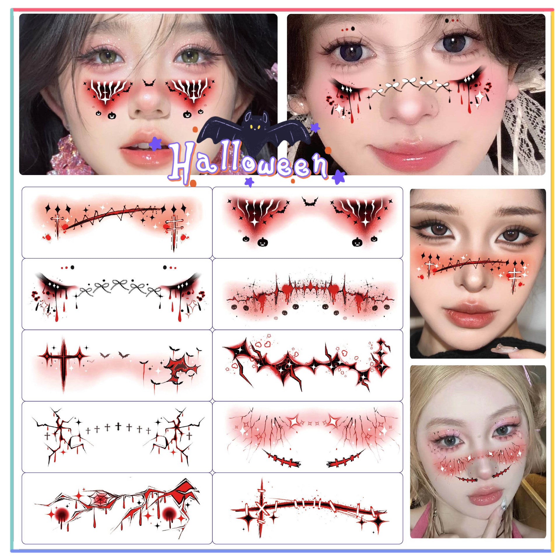 Wholesale 10pcs/pack New Halloween Makeup Face Stickers, Cute Ghost Makeup Tattoo Stickers, Photography Props Stickers, Waterproof and Sweat-Proof