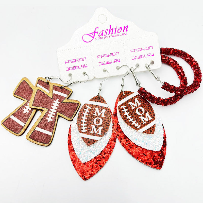 Wholesale 2 Sets Sports Rugby Field Cheer Football Cross Glitter Leather Earrings