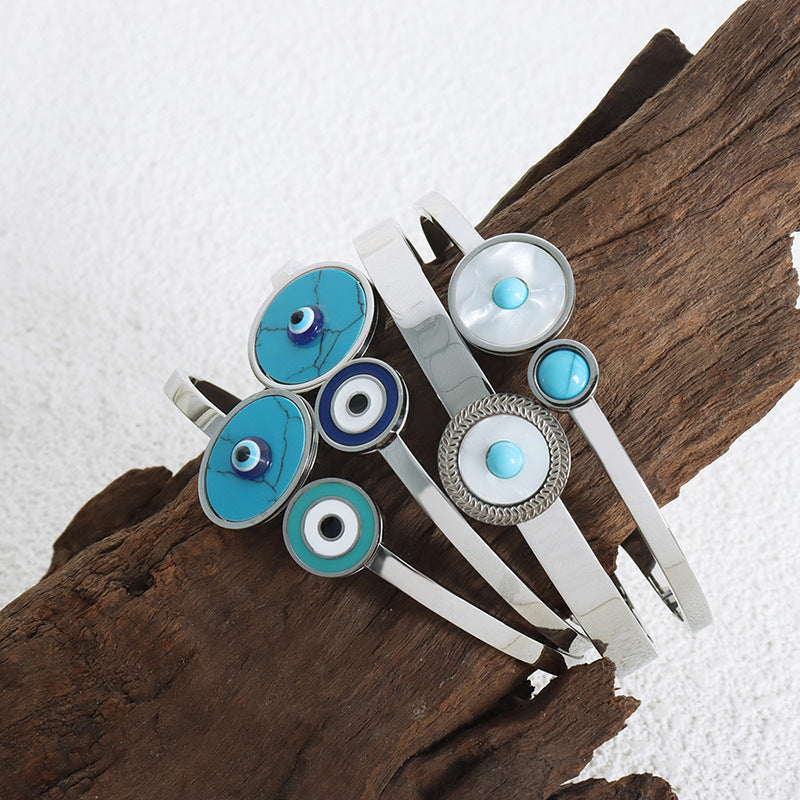 Wholesale Retro Titanium Steel Drip Oil Octagram Open Stretch Female Bracelet