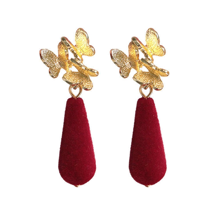 Wholesale Autumn and Winter Red Flocked Drop Earrings