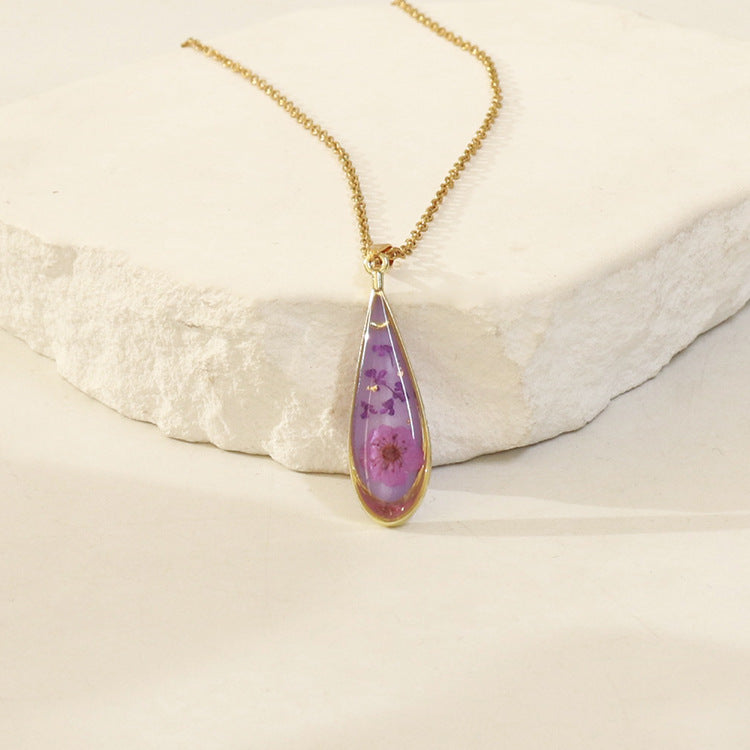 Wholesale 6pcs Resin Colored Dried Flower Pendant Water Drop Necklace