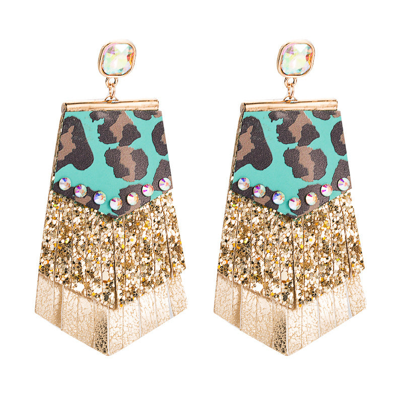 Wholesale Exaggerated leopard leather earrings with diamond tassels double-layer earrings