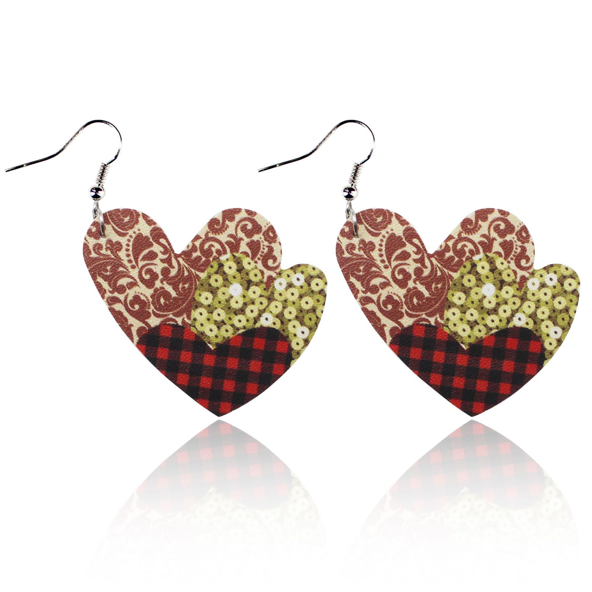 Wholesale Valentine's Day Red and Black Plaid Stripe Tie Dyed Leopard Heart Double Sided Leather Earrings