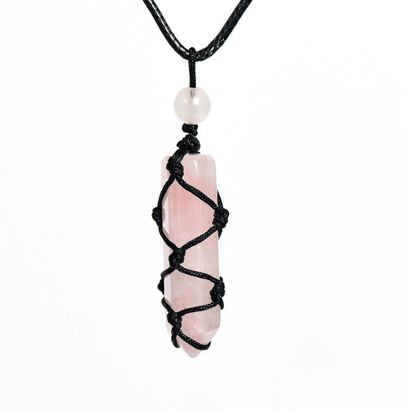 Wholesale Natural Crystal Original Stone Net Pocket Crystal Hexagonal Prism Pendant Necklace