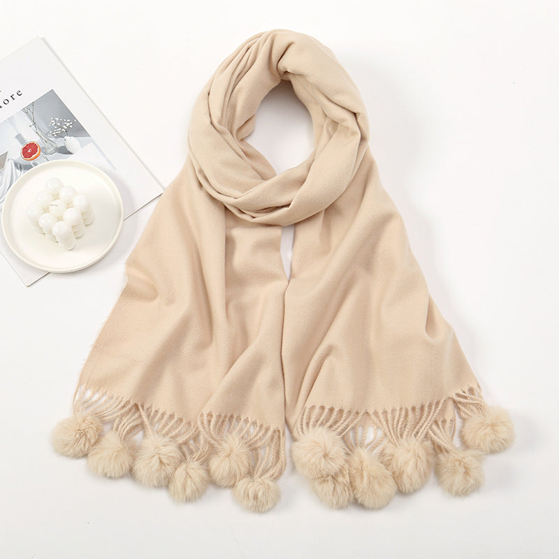 Wholesale Autumn and Winter Imitation Cashmere Scarves, Solid Color Tassel Wool Ball and Plush Necklaces