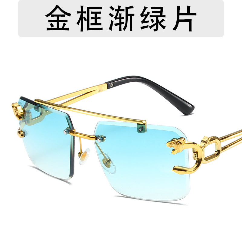 Wholesale Trendy frameless trimming sunglasses leopard head women's outdoor travel sunglasses fashionable wear pull-up glasses men
