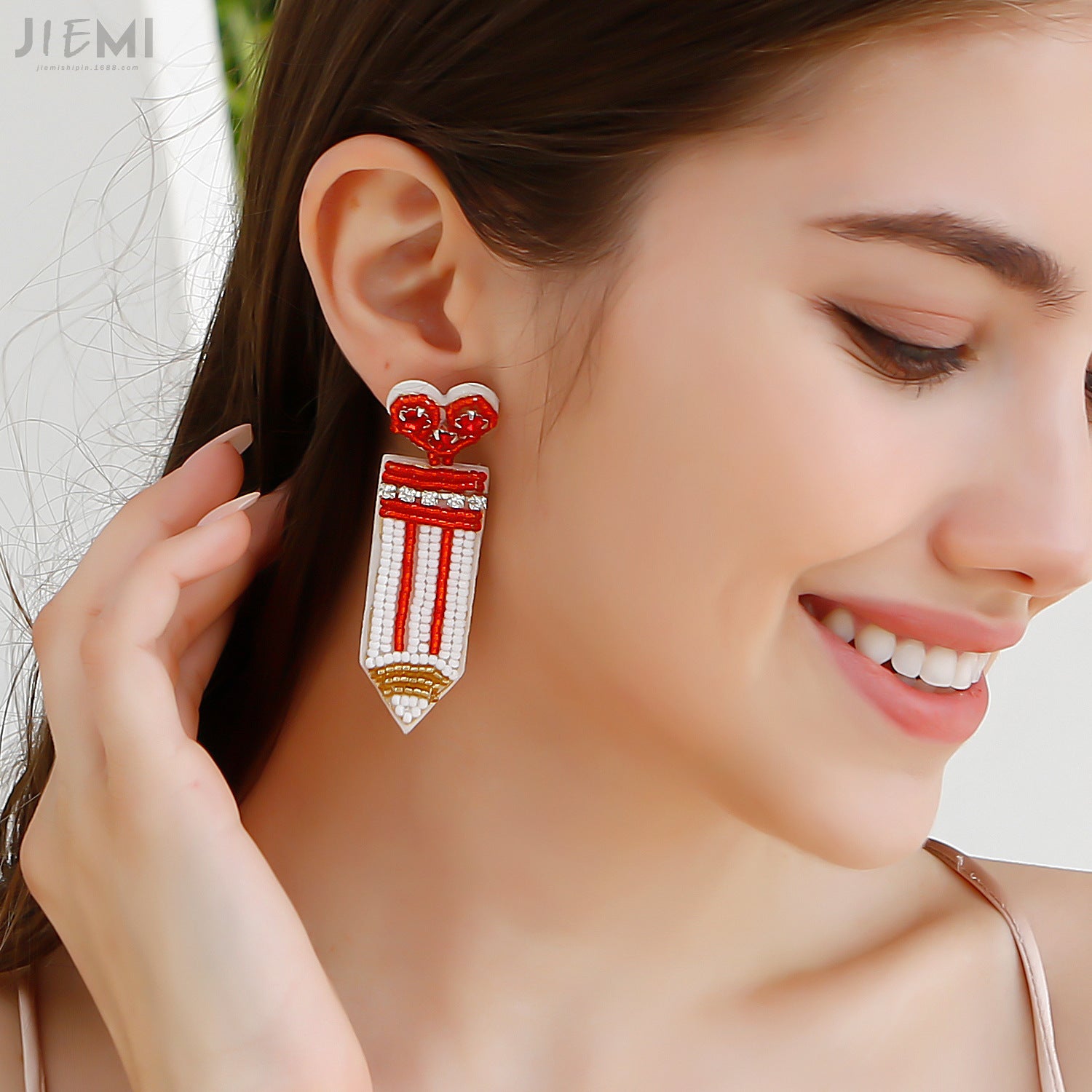 Wholesale Valentine's Day Handwoven Pencil Rice Beads Love Earrings