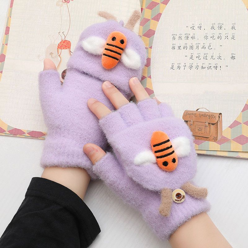 Wholesale Plush and Thickened Half Finger Flip Knitted Wool Little Bee Gloves