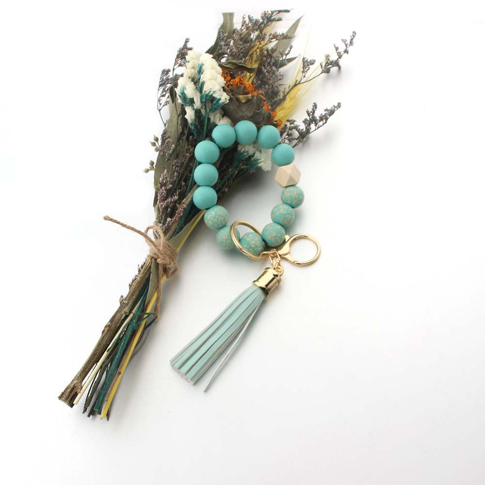 Wholesale Wooden Bead Printed Leather Tassel Bracelet Keychain