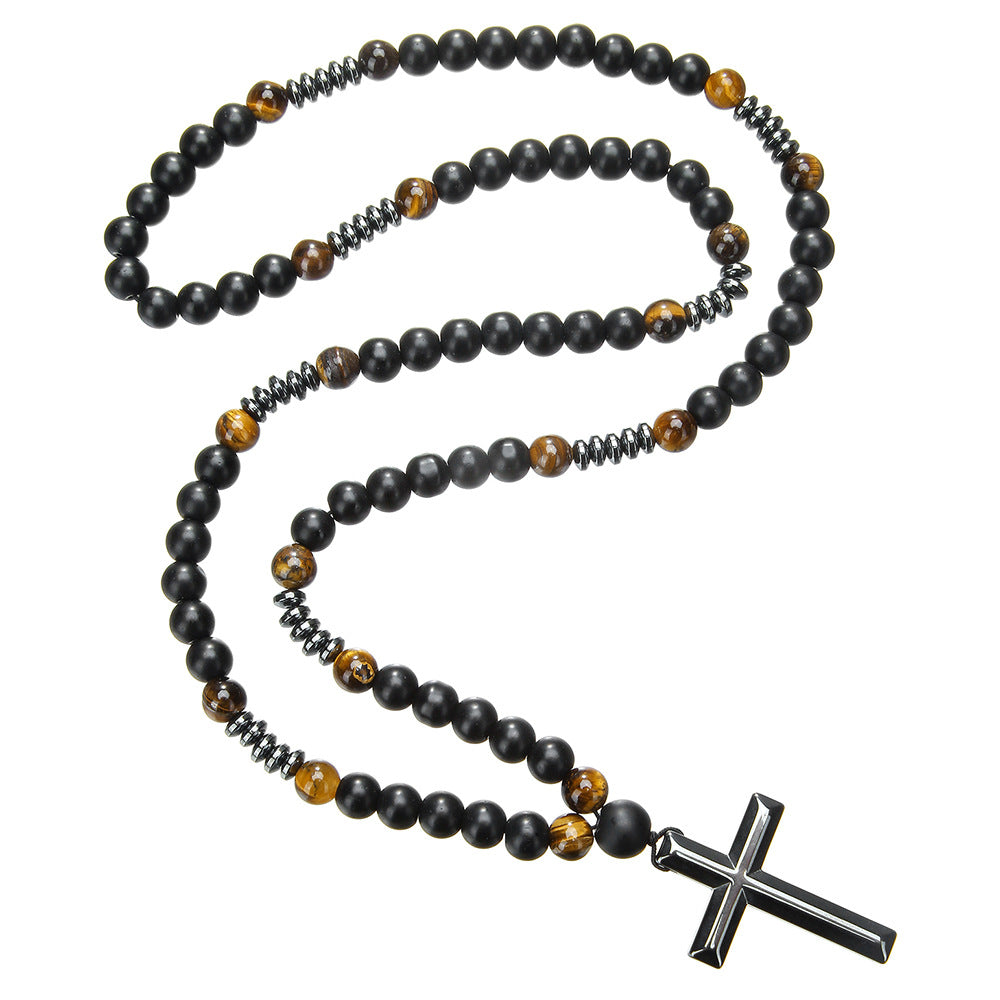 Wholesale Black gallstone yellow tiger eye iron stone cross necklace for men