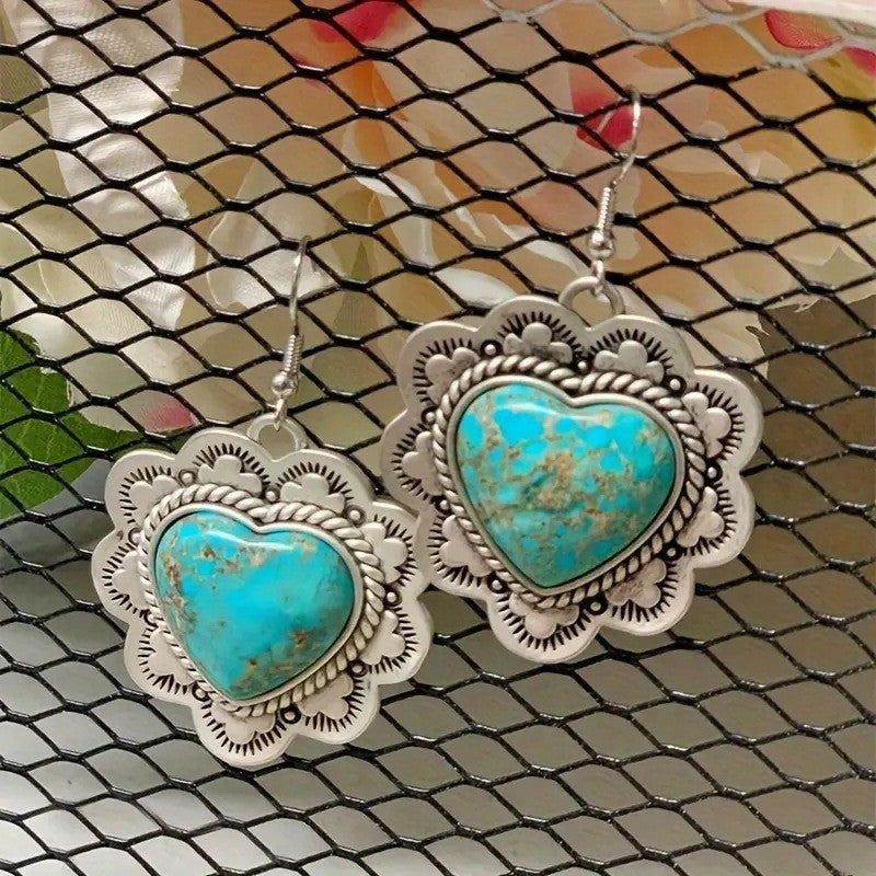 Wholesale Vintage Heart Turquoise Alloy Earrings Western Ethnic Carved Women S Fashion Accessory