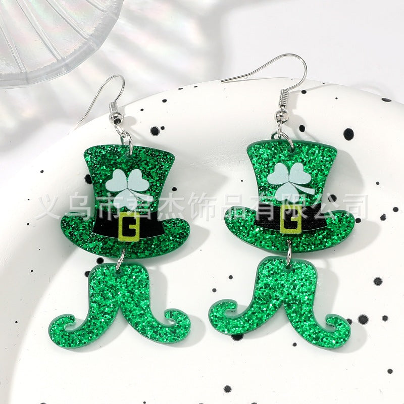 Wholesale St. Patrick's Day Carnival Personalized Green Acrylic Glitter Clover Earrings