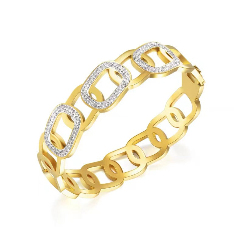 Wholesale Hollow Zircon Titanium Steel Plated 18K Gold Open Bracelet