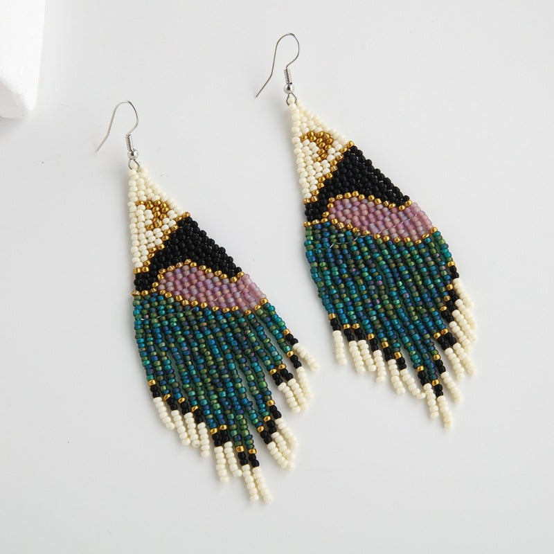 Wholesale Bohemian Handmade Tassels, Moon, Mountain and River Scenery, Rice Bead Earrings