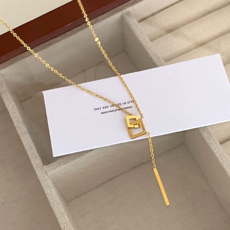 Wholesale Simple Temperament Square Geometric Tassel Titanium Steel Necklace