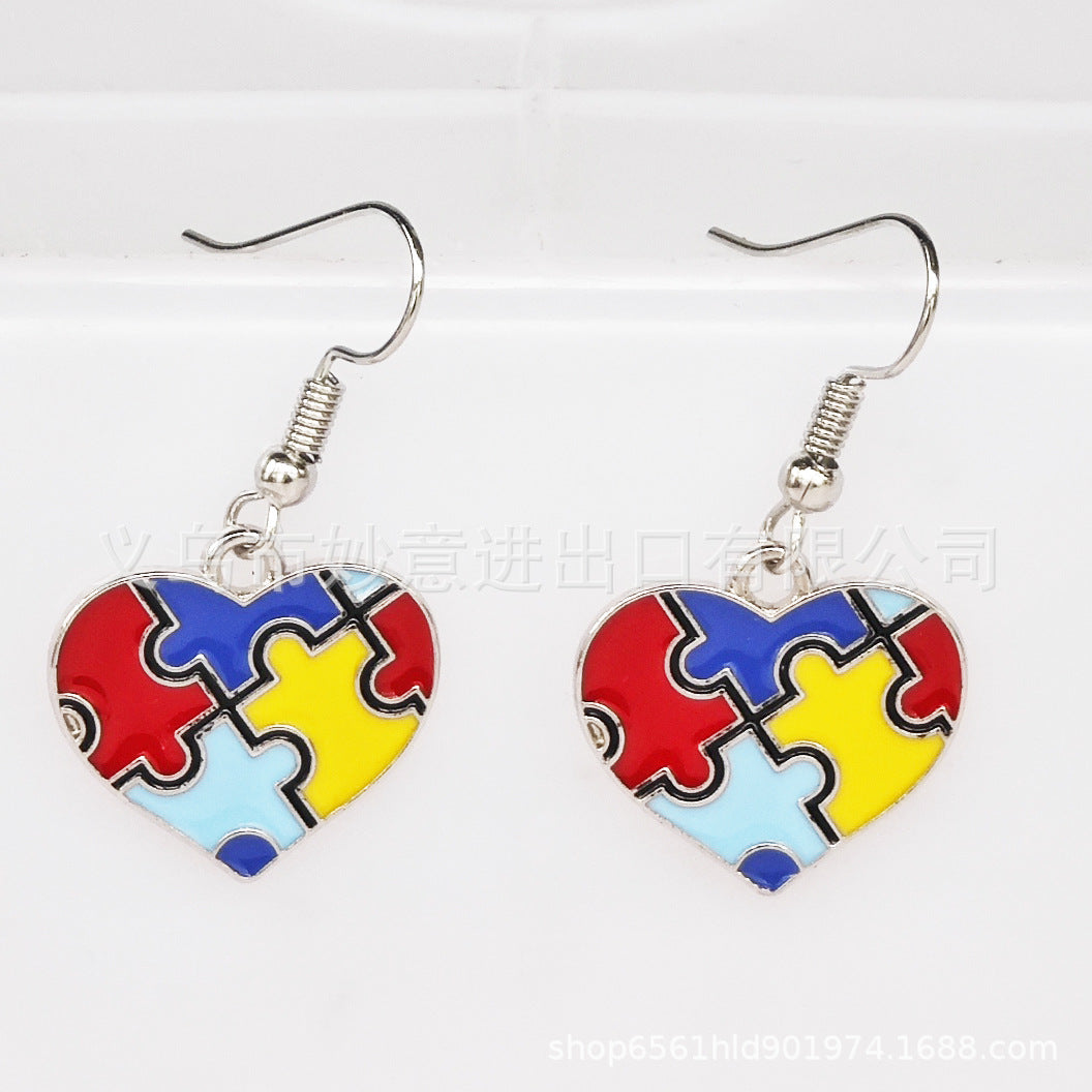 Wholesale 2PCS/Pack Color Puzzle Earrings Alloy Dropping Oil Puzzle Autism Ladies Earrings