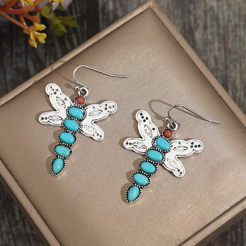 Wholesale Bohemian Vintage Natural Turquoise Dragonfly Alloy Earrings