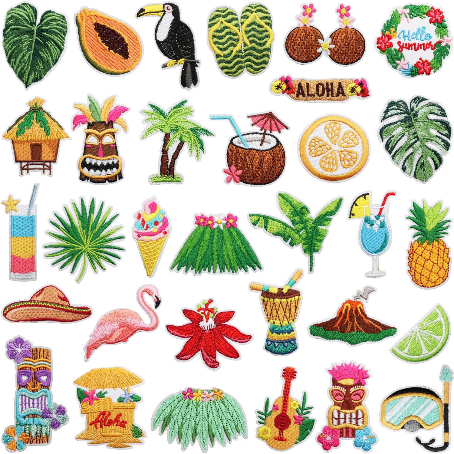 Wholesale Trendy Hawaiian Tropical Embroidered Patch With Flamingo Palm Tree Pineapple Clothing DIY Accessory Resale