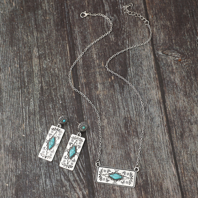 Wholesale Bohemian Retro Pumpkin Flower Splicing Geometric Turquoise Alloy Earrings Necklace Set