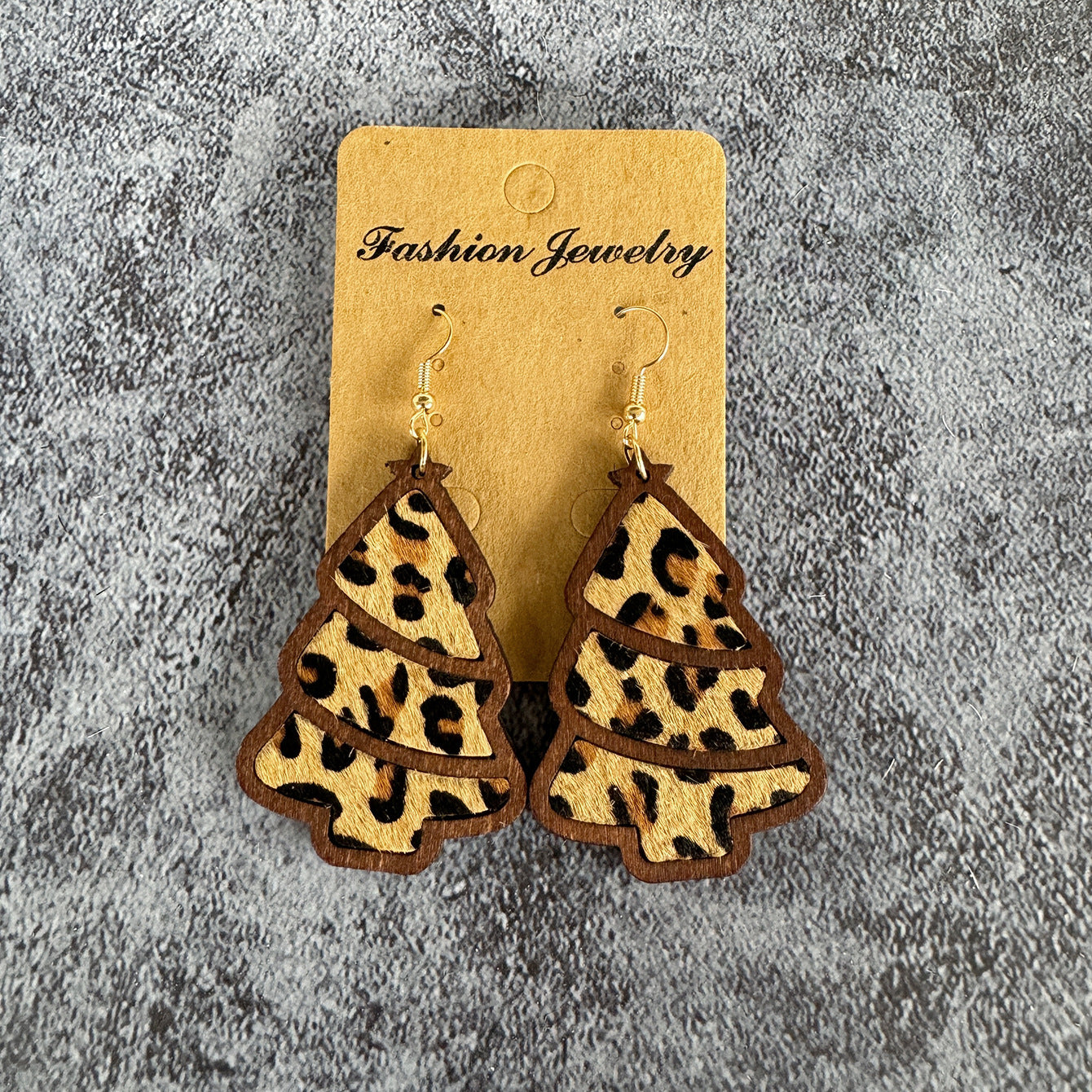 Wholesale Genuine Leather Christmas Tree Leopard Print Horse Hair Wood Inlay Cowhide Lightweight Western Earrings