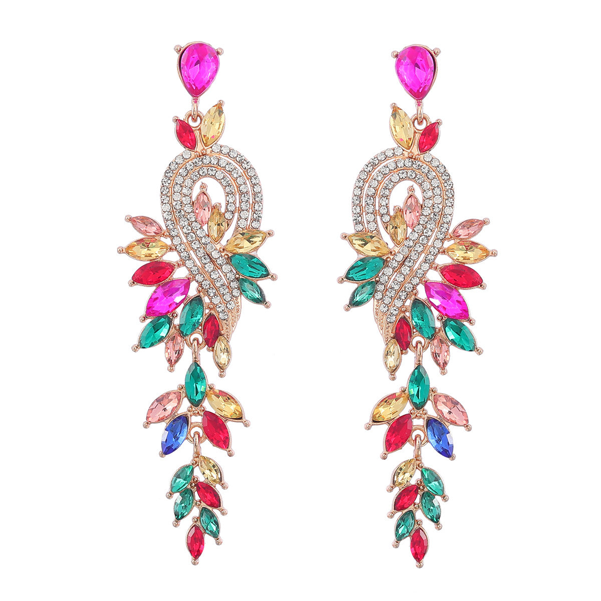 Wholesale Geometric tree leaf colored diamond earrings with inlaid rhinestones