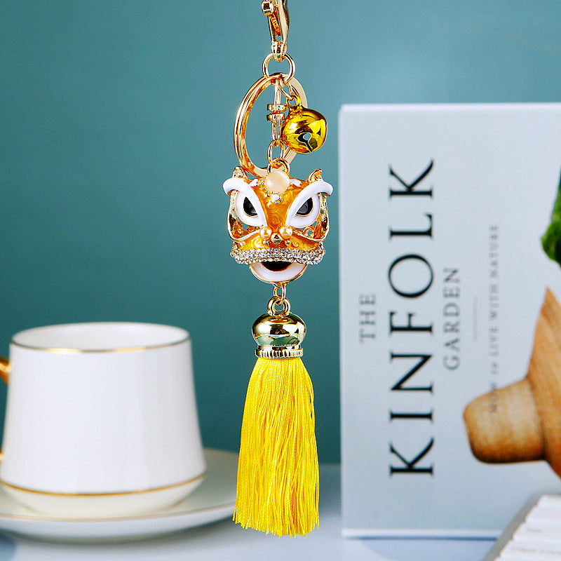 Wholesale Metal Chinese Style Lucky Lion Head Tassel Car Keychain Sapphire Blue Rhinestone Gift For Men Women