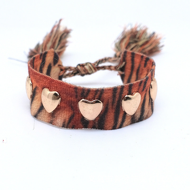 Wholesale Polyester Cord Weaving Leopard Print Love Letter Embroidery Tassel Bracelet