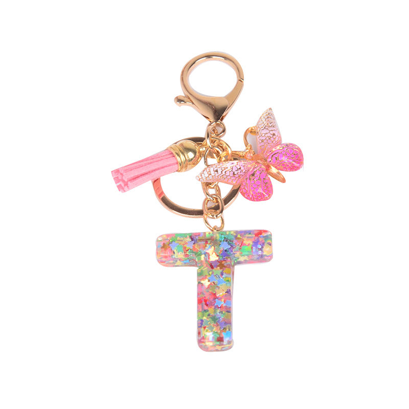 卸売スパンコール英語蝶タッセル文字樹脂キーホルダー