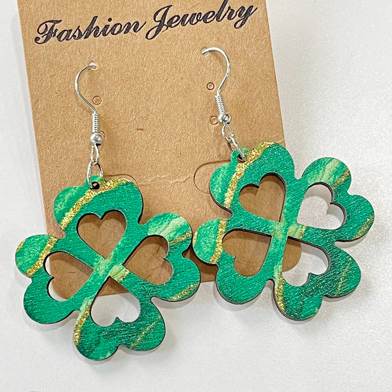 Wholesale St. Patrick's festival green March jewelry wooden simple hollow earrings
