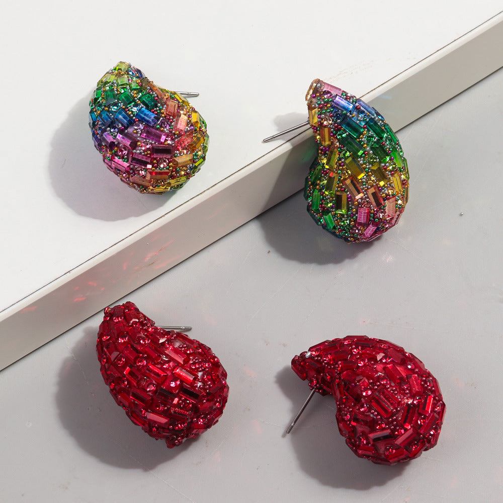 Wholesale Fashion Full Diamond Water Drop Gradient Color Metal Earrings