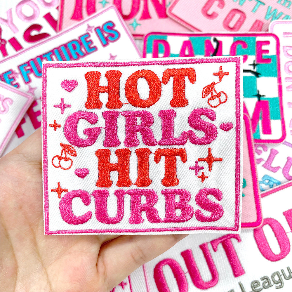 Wholesale Trendy 9 Styles Pink Plaid Letter Embroidered Patches DIY Iron On Applique For Shoes Hats Boutique Resale