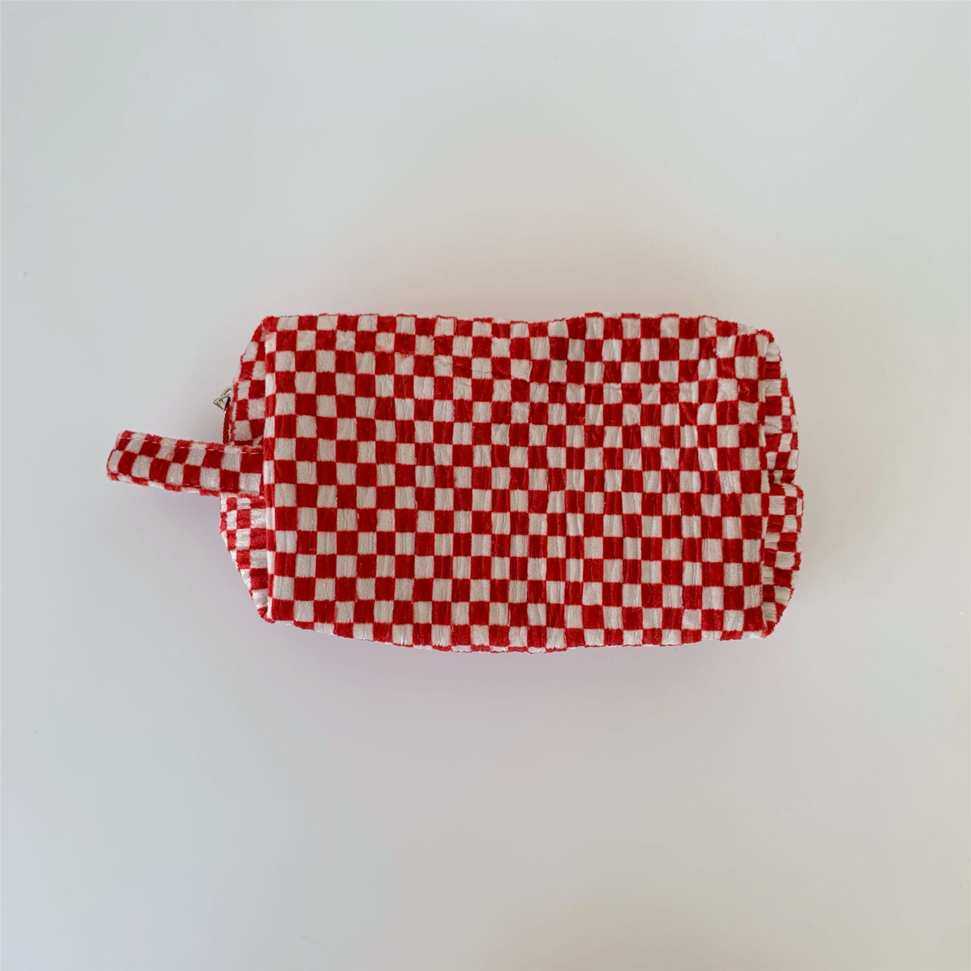 Wholesale Black and White Checkerboard Retro Pleated Velvet Plaid Cow Pattern Cosmetic Bag