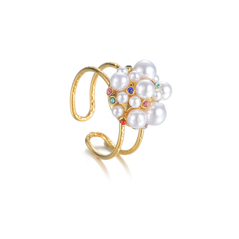 Wholesale Trendy Zircon Pearl Flower Ring For Women Stainless Steel Jewelry Elegant Proposal Ring Boutique Resale Accessory