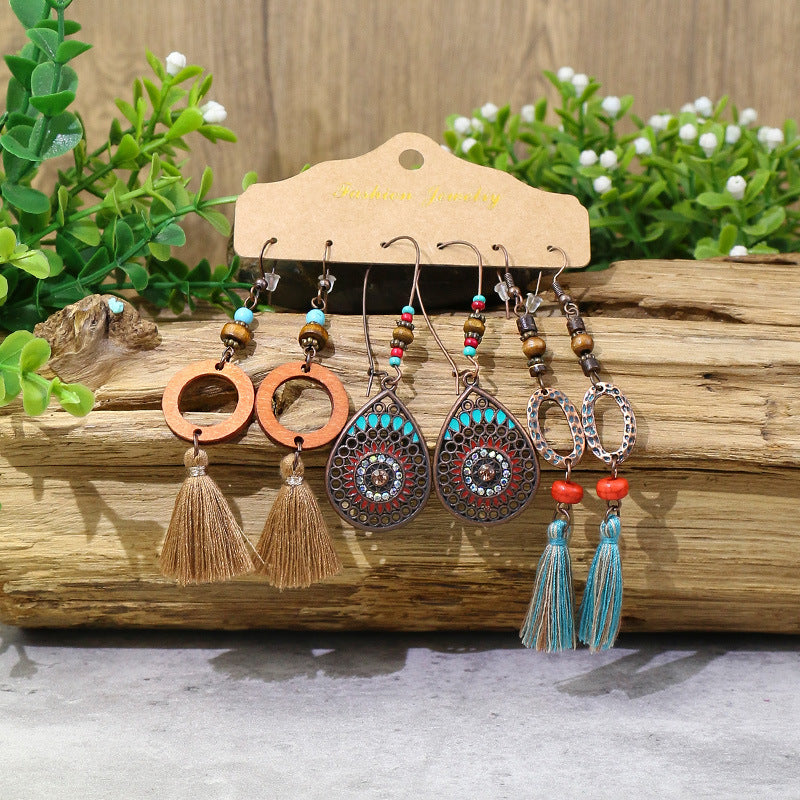 Wholesale Vintage Distressed Geometric Tassel Flower Earrings Set