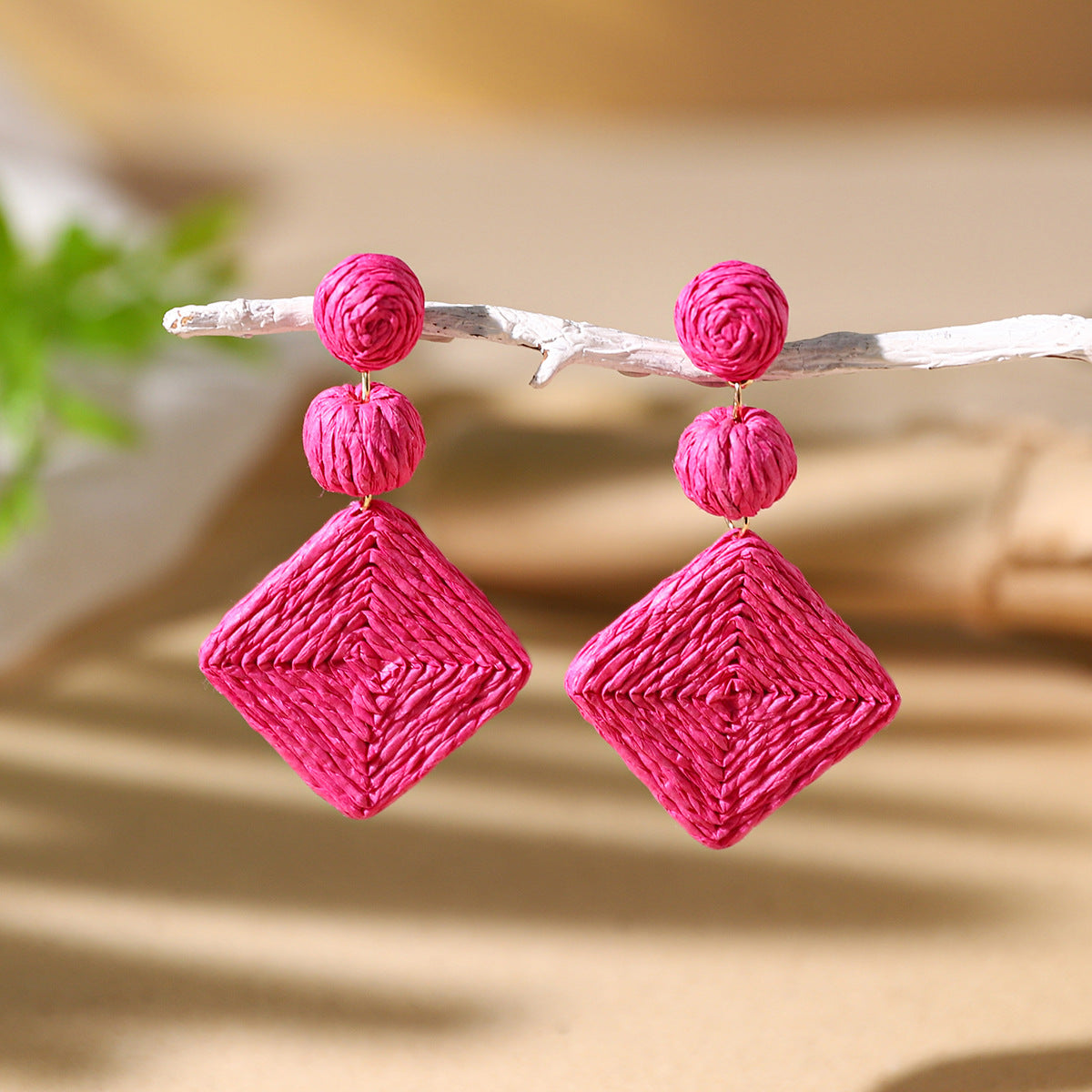 Wholesale Bohemian Diamond Shaped Rattan Braided Earrings