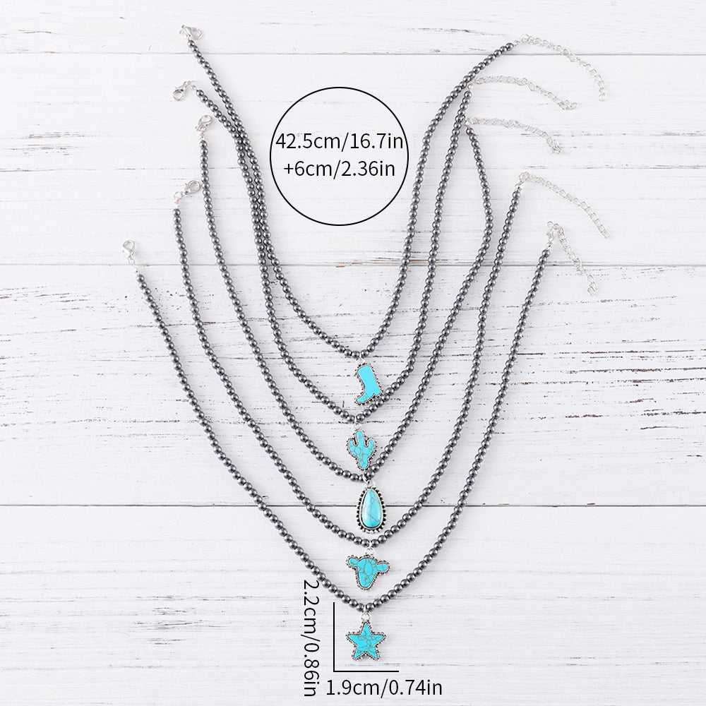 Wholesale Popular Fashion Elegant Black Ball Bead Necklace Women's Cowboy Boots Bull Head Five-Pointed Star Jewelry