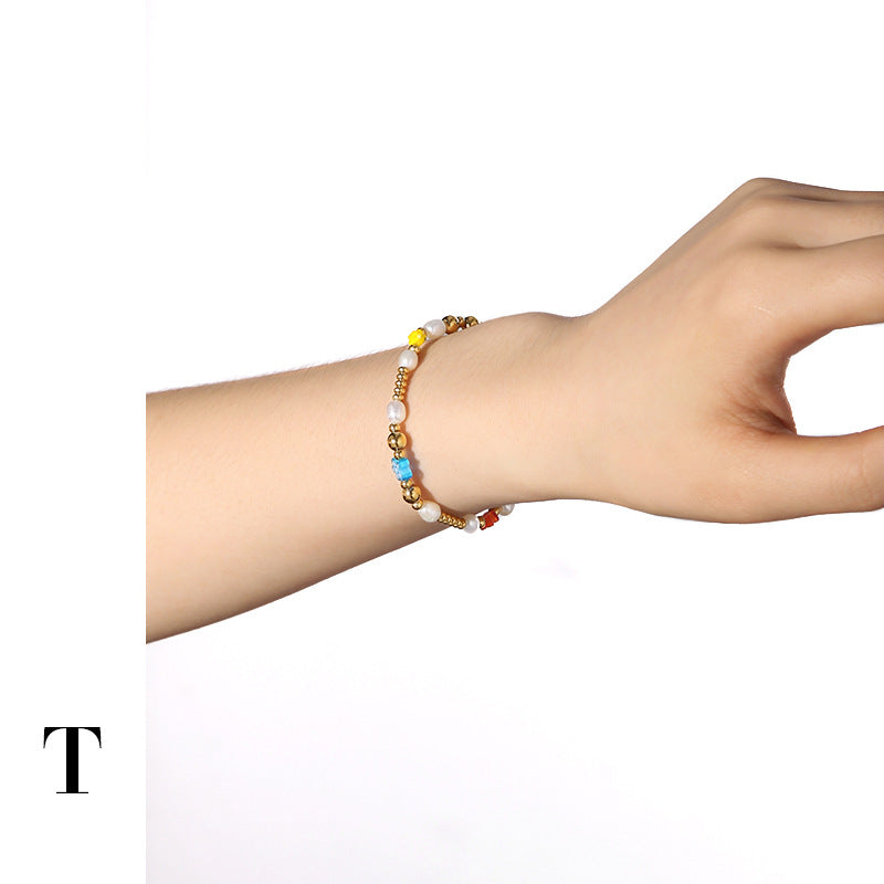 Wholesale colored glass real pearl copper bracelet