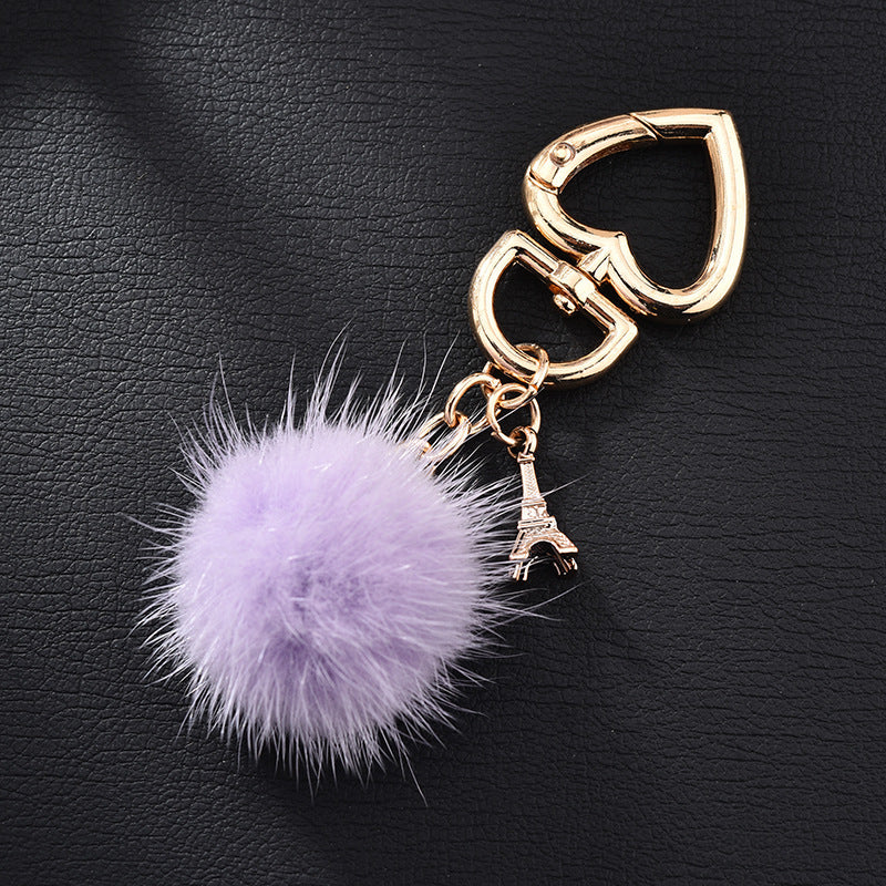 Wholesale mink fur love keychain elegant fur small pendant fur ball alloy love keychain