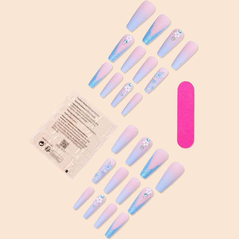 Gradiente de flor blanca larga al por mayor con diamantes cinco pegatinas de uñas francesas de flores pétalos