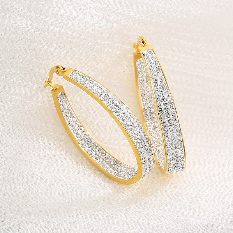 Wholesale U Shape Full Diamond Oval Gold Plated Earrings
