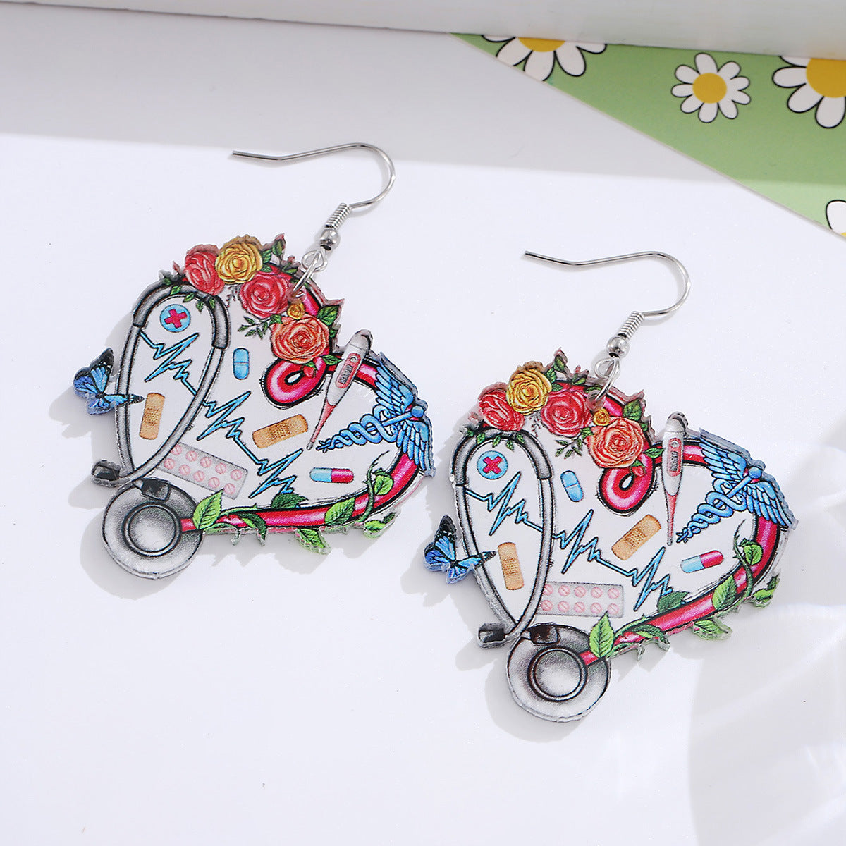 Wholesale Stethoscope Cow Print Heart Flower Pendant Earrings
