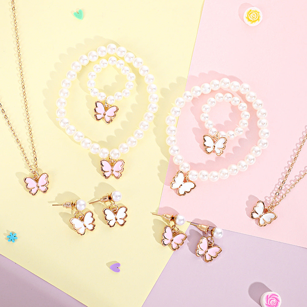 Juego de joyería para niños de perlas al por mayor Aceite de goteo de collares de mariposa rosa rosa