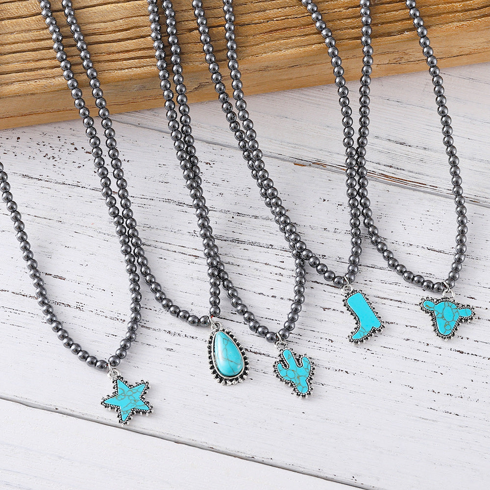 Wholesale Popular Fashion Elegant Black Ball Bead Necklace Women's Cowboy Boots Bull Head Five-Pointed Star Jewelry
