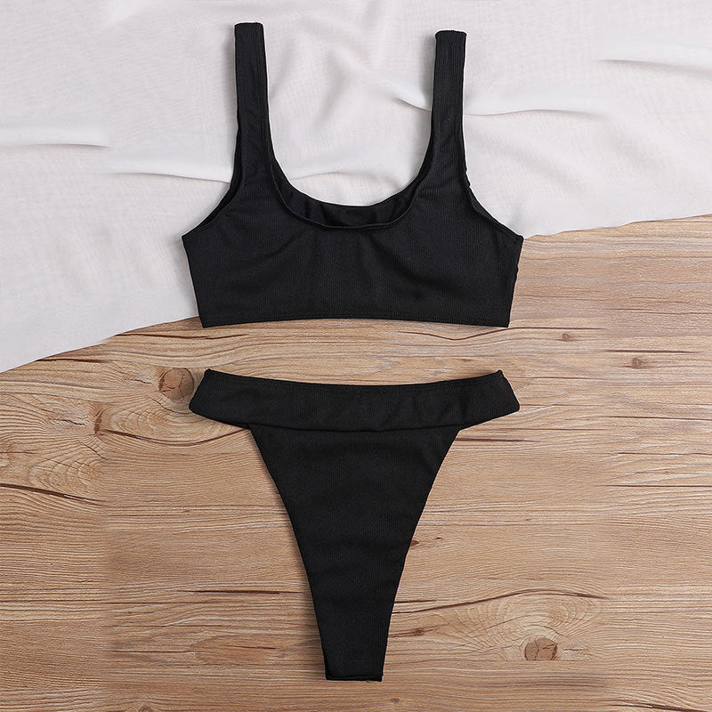 Wholesale Solid Color Pit Strip Split U-Neck Vest Triangle Swimwear