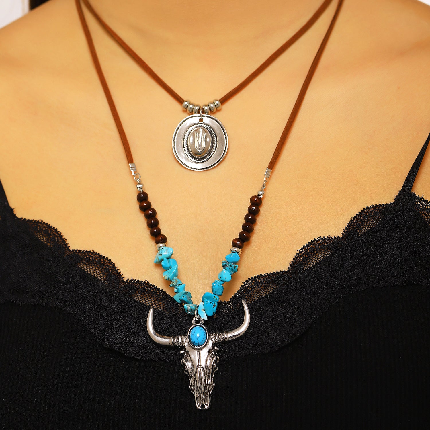 Wholesale Zinc Alloy Western Cowboy Turquoise Layered Necklace Set Bohemian Fashion Accessory Gift