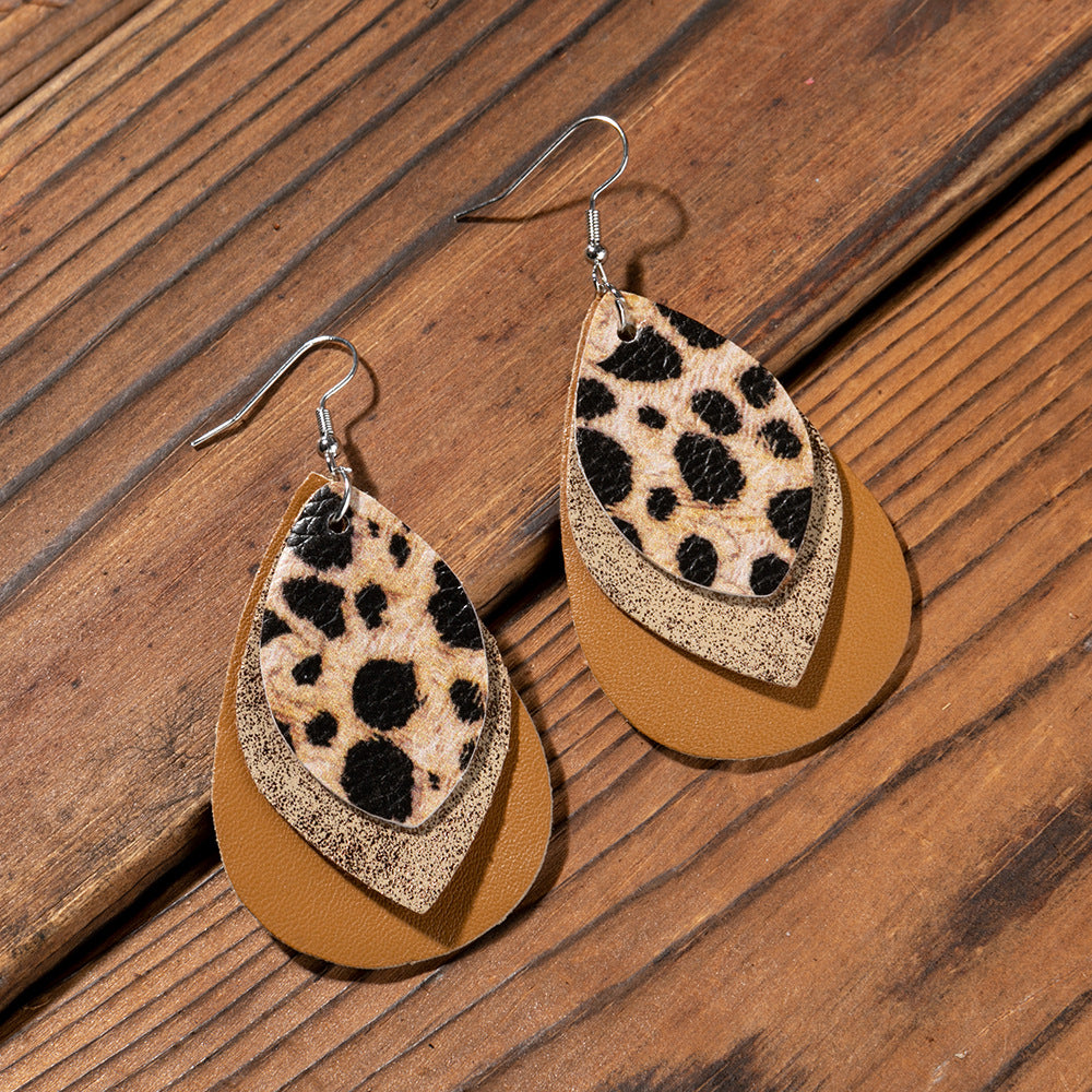 Wholesale Multi-layer Water drop Leaf Earrings PU Leather