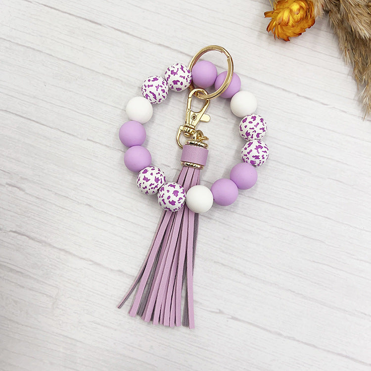 Wholesale Western Style Cow Grain Wood Beads Silicone Handmade Keychain Bag Key Accessories