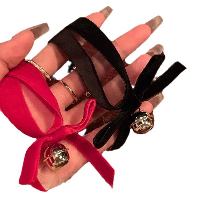 Wholesale Christmas bell choker red velvet bow necklace