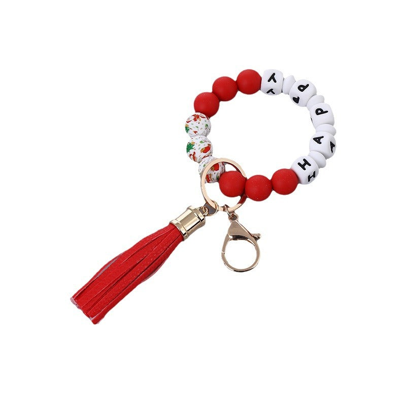 Wholesale Christmas New Silicone Beads PU Tassel Wooden Beads Bracelet Keychain