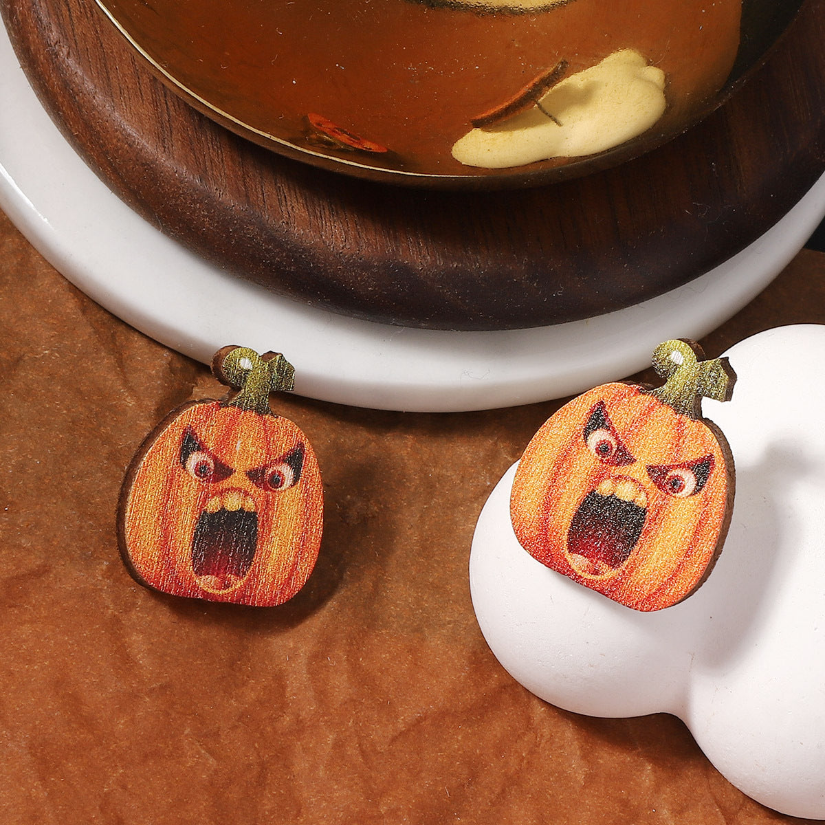 Wholesale Halloween Creative Funny Wood Printed Pumpkin Expression Pack Earrings